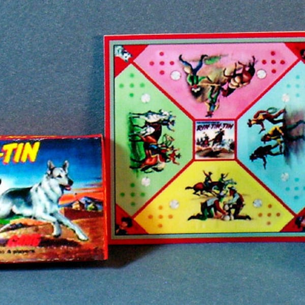 Rin Tin Tin Game 1955  - Dollhouse Miniature 1:12 scale - Dollhouse Accessory -  Game Box and Game Board - 1950s retro Dollhouse dog game