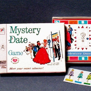 Mystery Date Game - Dollhouse Miniature - 1:12 scale - Dollhouse Accessory- Game Box and Game Board - 1960s Dollhouse girl dating game toy