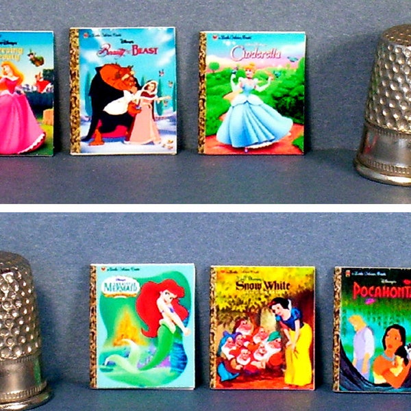 Disney Princess Set 1 - 6 Little Golden Books -  Dollhouse Miniature - 1:12 scale - Cinderella, Mermaid, Sleeping Beauty, Snow White...more