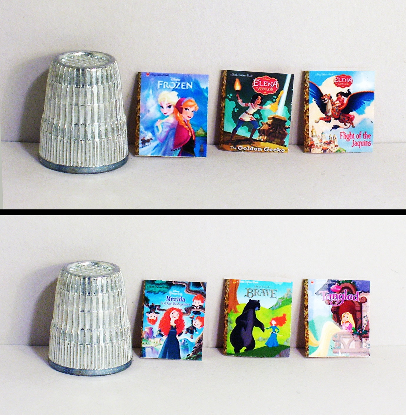 Ensemble de 3 princesses Disney, 6 petits livres dorés, maison de poupée miniature, échelle 1/12, La Reine des neiges, Elena of Avalor, Raiponce Tangled, Merida Brave
