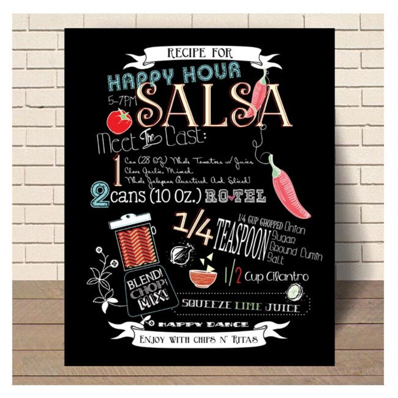 Happy Hour Salsa Art Recipe Chalk Chalkboard Salsa Kitchen Etsy