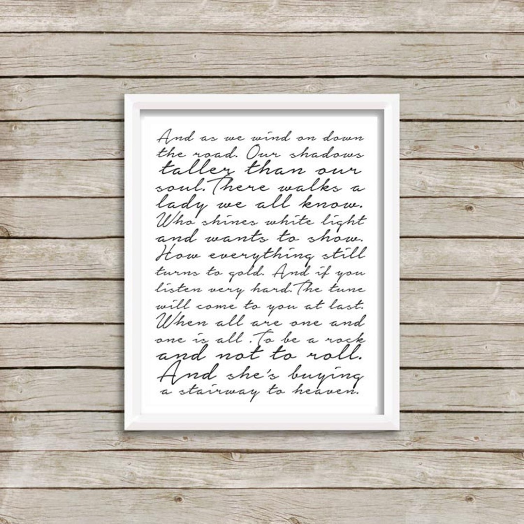 Stairway to Heaven Lyrics, Led Zepplin, Rock and Roll, Music, Wall Decor, Script, Black and