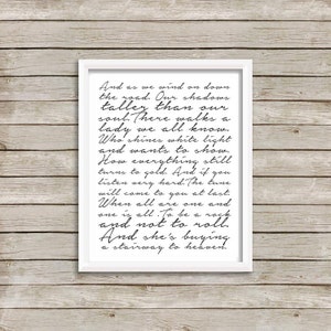Stairway to Heaven Lyrics, Led Zepplin, Rock and Roll, Music, Wall Decor, Script, Black and White, Print, Instant Download, Printable Art