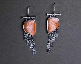 Fossilized Coral One of a Kind Earrings With Flowing Chain