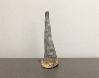 Large Ceramic Ring Cone with Carvings in White