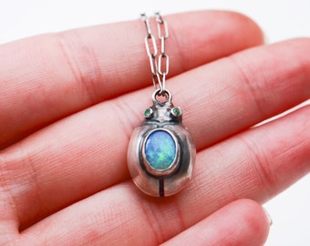 Silver Hollow form Beetle with Opal and Tsavorite Garnet