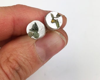 Sea glass earrings, silver studs, green sea glass, sterling silver, sand casting, sterling silver jewellery, handmade jewelry,