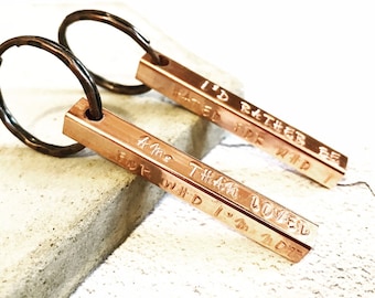 Personalised four-sided keyring, stamped copper bar key ring, christmas present, stocking filler, copper keychain, fathers day present