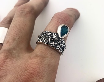 Silver & apatite ring, sterling silver ring, silver cast jewellery, handmade jewelry, rose cut stone, stone set ring, statement