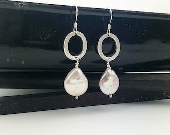 Handmade Sterling Silver Hoop Earrings with Freshwater Pearl