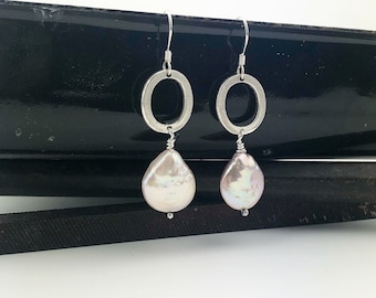 Silver Hoop Earrings, fresh water pearl earring, sterling silver earrings, handmade jewellery, silver & pearl studs, summer jewelry