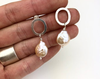 Silver Hoop Earrings, fresh water pearl earring, sterling silver earrings, handmade jewellery, silver & pearl studs, summer jewelry