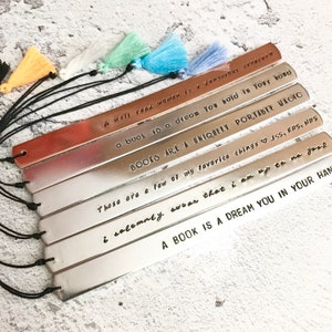 Personalised book mark, stamped Aluminium, customised bookmark, readers gift, book lover, coloured tassel, page marker, Christmas present