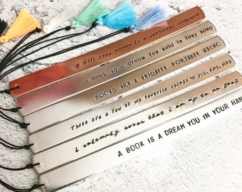 Personalised book mark, stamped Aluminium, customised bookmark, readers gift, book lover, coloured tassel, page marker, Christmas present