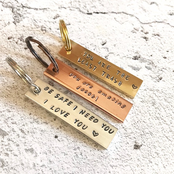 Personalized Keychain, Hand Stamped, You Choose Wording Custom Gift  Birthday, Wedding, Anniversary , Message Silver, Gold or Copper 