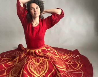 Skirt with mandala, Red Sufi Skirt, Skirt for Whirling