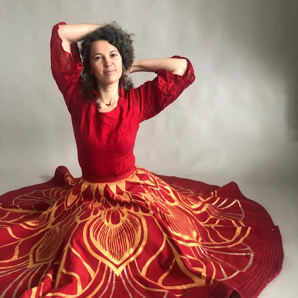 Skirt with mandala, Red Sufi Skirt, Skirt for Whirling