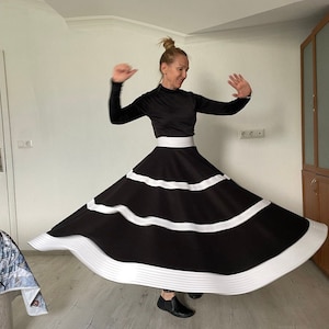 Double Spiral Skirt, Black and White  Sufi Skirt,
