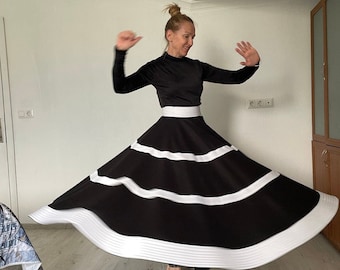 Double Spiral Skirt, Black and White  Sufi Skirt,