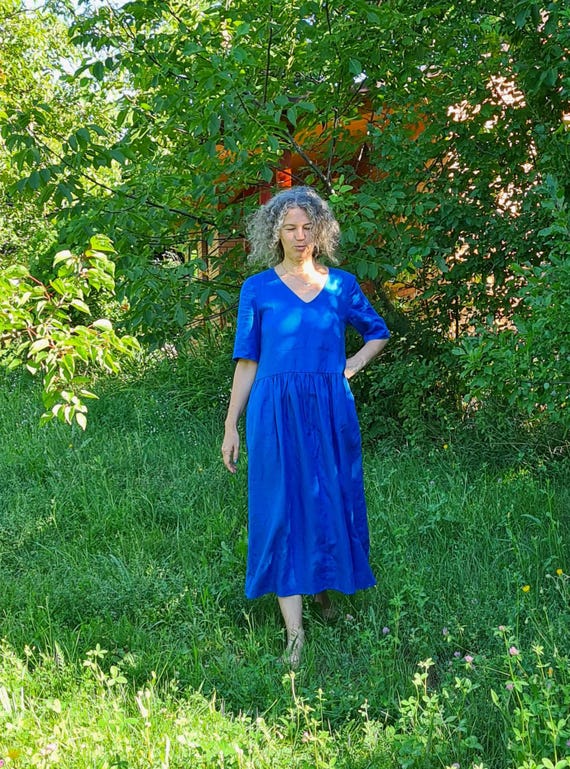 Blue Linen Dress Short, Blue Fancy Dress - Etsy
