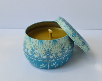 Beeswax candles in a blue jar, hand made