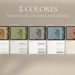 K&ouml;nnte beinhalten: F&uuml;nf verschiedene Farbpaletten f&uuml;r einen modernen Planer oder eine Agenda. Die Farbpaletten sind: Arena, Bosque, B&N, Costa und Terracotta. Jede Palette hat eine andere Hintergrundfarbe und eine passende Farbe f&uuml;r den Text.