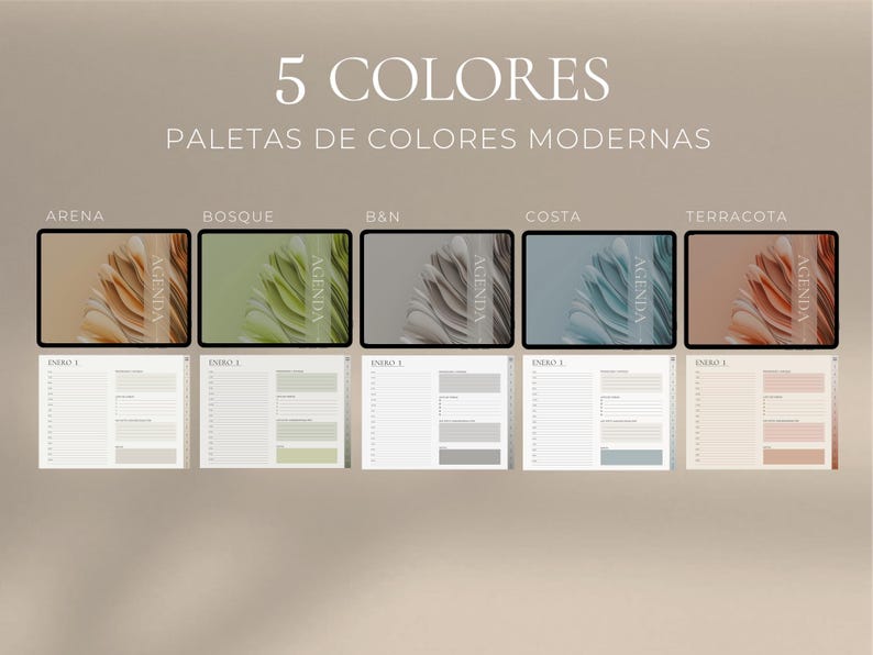 K&ouml;nnte beinhalten: F&uuml;nf verschiedene Farbpaletten f&uuml;r einen modernen Planer oder eine Agenda. Die Farbpaletten sind: Arena, Bosque, B&N, Costa und Terracotta. Jede Palette hat eine andere Hintergrundfarbe und eine passende Farbe f&uuml;r den Text.