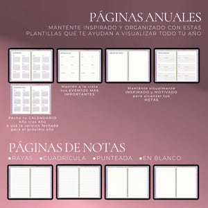 May include: A planner with annual pages and note pages. The annual pages include calendar layouts, key dates, and goal-setting templates. Note pages offer lined, grid, dotted, and blank options. Text includes "Annual Pages" and "Note Pages."