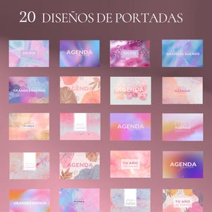 May include: A collection of 20 designs for covers, featuring various abstract backgrounds in shades of pink, blue, purple, and orange. Each design includes text such as "Agenda," "Un Dia," and "Grandes Sue&ntilde;os."
