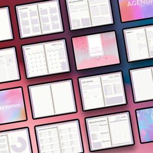 May include: Digital planners with various layouts, including calendars, monthly views, and habit trackers. The planners feature a spiral binding and a pink and purple watercolor design. Some pages have text in Spanish.