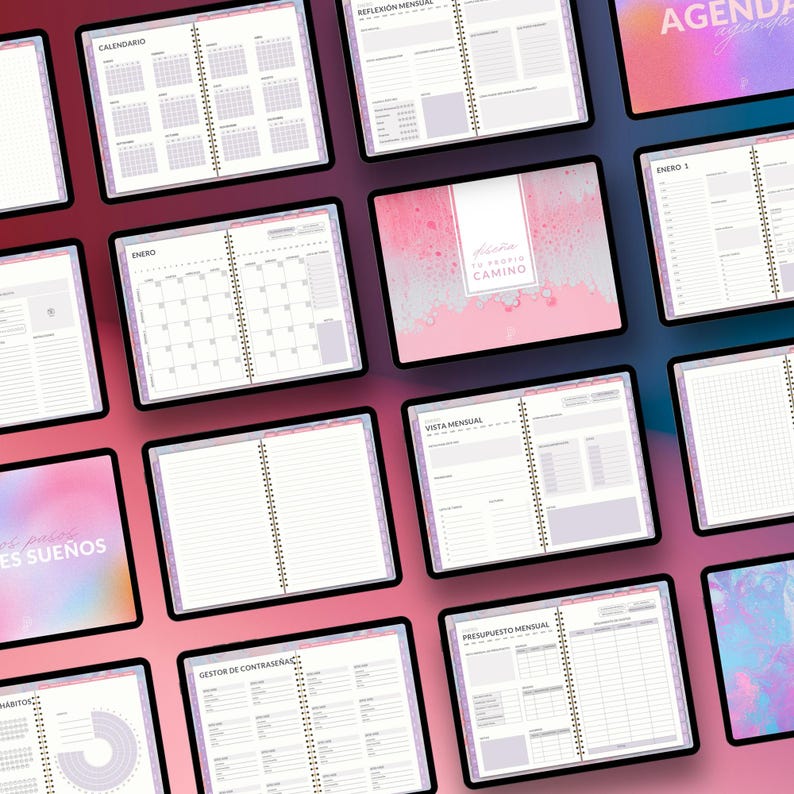 May include: Digital planners with various layouts, including calendars, monthly views, and habit trackers. The planners feature a spiral binding and a pink and purple watercolor design. Some pages have text in Spanish.