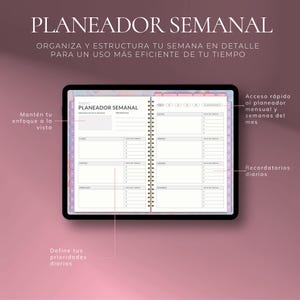 May include: A digital weekly planner with the text "PLANEADOR SEMANAL" in white. The planner is open to a two-page spread with sections for each day of the week, lists, and reminders. The background is a gradient of pink and purple.