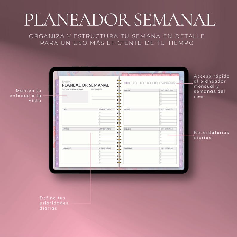 May include: A digital weekly planner with the text "PLANEADOR SEMANAL" in white. The planner is open to a two-page spread with sections for each day of the week, lists, and reminders. The background is a gradient of pink and purple.