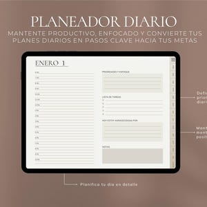 K&ouml;nnte beinhalten: Eine digitale Planer-Vorlage mit dem Text "PLANEADOR DIARIO" oben. Die Vorlage soll Benutzern helfen, produktiv und konzentriert zu bleiben, indem sie t&auml;gliche Priorit&auml;ten setzen, To-Do-Listen erstellen und &uuml;ber Dankbarkeit nachdenken. Die Vorlage ist in Spanisch und enth&auml;lt das Datum "ENERO 1" (1. Januar).