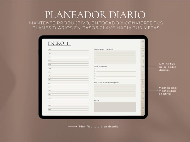 K&ouml;nnte beinhalten: Eine digitale Planer-Vorlage mit dem Text "PLANEADOR DIARIO" oben. Die Vorlage soll Benutzern helfen, produktiv und konzentriert zu bleiben, indem sie t&auml;gliche Priorit&auml;ten setzen, To-Do-Listen erstellen und &uuml;ber Dankbarkeit nachdenken. Die Vorlage ist in Spanisch und enth&auml;lt das Datum "ENERO 1" (1. Januar).
