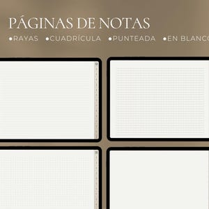 K&ouml;nnte beinhalten: Vier digitale Notizseiten auf einem Tablet-Bildschirm. Die Seiten sind liniert, kariert, gepunktet und leer. Der Text oben auf dem Bildschirm lautet "P&Aacute;GINAS DE NOTAS" und der Text darunter lautet "RAYAS CUADR&Iacute;CULA PUNTeada EN BLANCO".