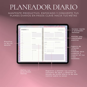 May include: A daily planner with the text "PLANEADOR DIARIO" and "ENERO 1" is open to a detailed layout. The planner includes sections for daily planning, goal setting, and tracking meals and water intake. The cover is a mix of purple and white.