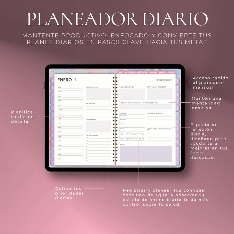 May include: A daily planner with the text "PLANEADOR DIARIO" and "ENERO 1" is open to a detailed layout. The planner includes sections for daily planning, goal setting, and tracking meals and water intake. The cover is a mix of purple and white.