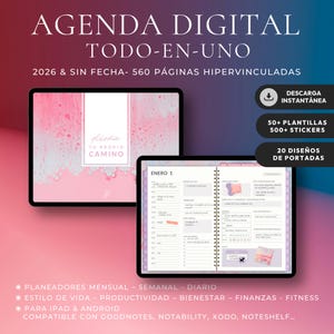 Puede incluir: Agenda digital con el texto "AGENDA DIGITAL TODO-EN-UNO" y "2026 & SIN FECHA". El planificador incluye 560 páginas hipervinculadas, descarga instantánea, 50+ plantillas, 500+ pegatinas y 20 diseños de portada. Compatible con iPad y Android.