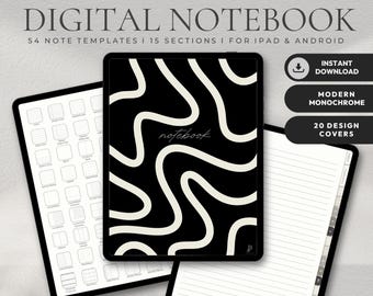 Minimalistisches Monochromes Digitales Notizbuch | Schwarz und Off-White Planer für GoodNotes, Notability & Noteshelf | Einfaches Studenten-Notizbuch