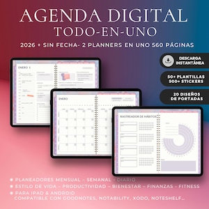lAgenda Digital en Español 2026 + Sin Fecha | Planner Digital Todo-en-Uno | iPad, GoodNotes, Android | Diario, Semanal y Mensual