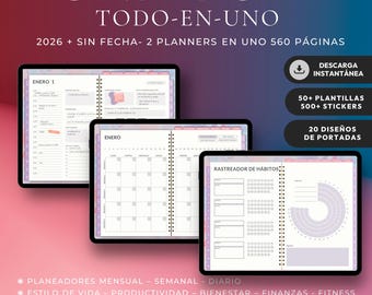 Agenda Digital en Español 2026 + Sin Fecha | Planer Digital Todo-en-Uno | iPad, GoodNotes, Android | Tagebuch, Semanal und Mensual