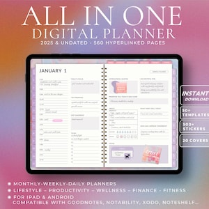 All-in-One Digital Planner 2025 2026, Digital Planner Undated, Digital Journal Digital Goodnotes Template, Weekly, Daily Planner, Notability
