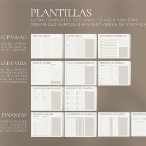 K&ouml;nnte beinhalten: Ein Satz druckbarer Planer-Vorlagen auf Spanisch, die Ihnen helfen sollen, in verschiedenen Bereichen Ihres Lebens organisiert zu bleiben. Die Vorlagen umfassen Abschnitte f&uuml;r Produktivit&auml;t, Lebensstil und Finanzen.