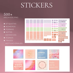 May include: A collection of digital stickers in various shapes and colors, including labels, numbers, icons, and motivational phrases. The image includes the text "STICKERS" and "500+ ARCHIVOS PNG".