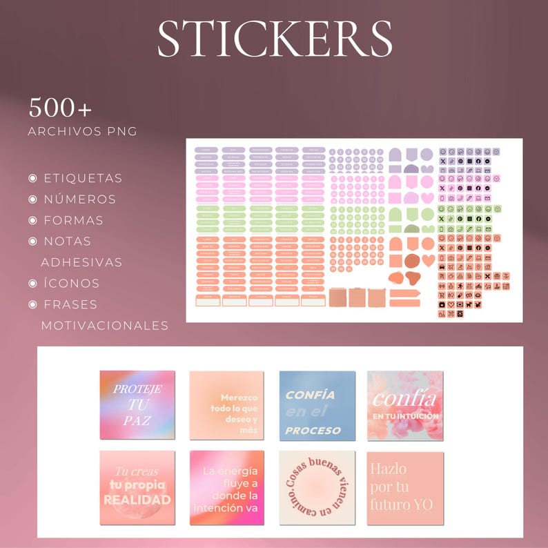 May include: A collection of digital stickers in various shapes and colors, including labels, numbers, icons, and motivational phrases. The image includes the text "STICKERS" and "500+ ARCHIVOS PNG".