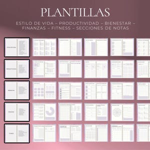 May include: A collection of digital planner templates with a soft purple and white color scheme. The templates cover various categories, including lifestyle, productivity, and fitness. The text "PLANTILLAS" is at the top.