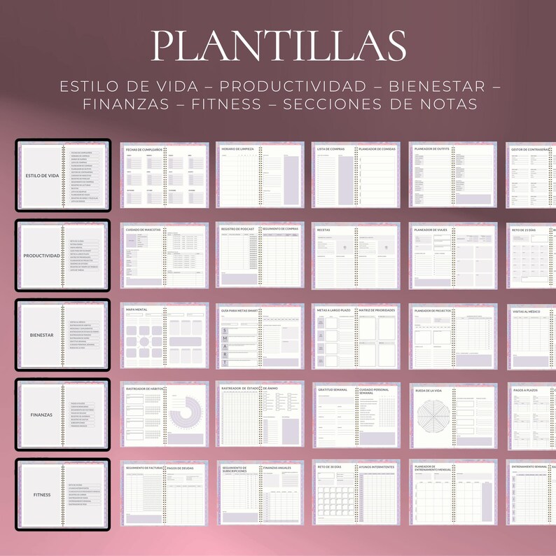 May include: A collection of digital planner templates with a soft purple and white color scheme. The templates cover various categories, including lifestyle, productivity, and fitness. The text "PLANTILLAS" is at the top.