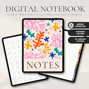 Op de afbeelding: Digitaal notitieboek met een kleurrijk abstract ontwerp. De omslag toont koraalachtige vormen in oranje, roze, blauw en geel. Het woord 'NOTES' staat in grote letters. De afbeelding toont ook de tekst 'DIGITAL NOTEBOOK' en '54 NOTE TEMPLATES I 15 SECTIONS I FOR IPAD & ANDROID'.