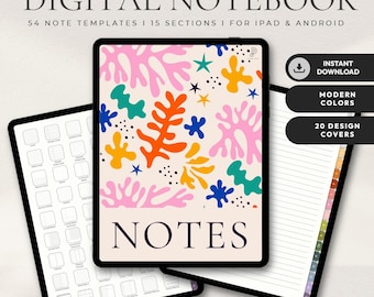 Buntes Digitales Notizbuch mit Tabs | Ästhetisches Goodnotes Journal & Studenten Planer | Moderne Cover für digitale Notizen